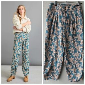By Anthropologie Ali Utility Pants Sz 8 Teal Beige Boho Barrel Leg Paisley